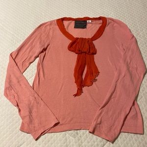 Peach color long sleeve cotton sweater with front bow tie size small (#9)